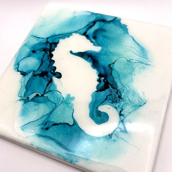 Ceramic Studio Art Alcohol Ink Abstract Summer Tile Coasters Set of 7 4x4 - Picture 7 of 8